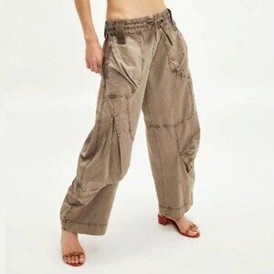 Free People Onset Cargo Pants Wide Leg Elastic Waist Brown/Green Parachute S